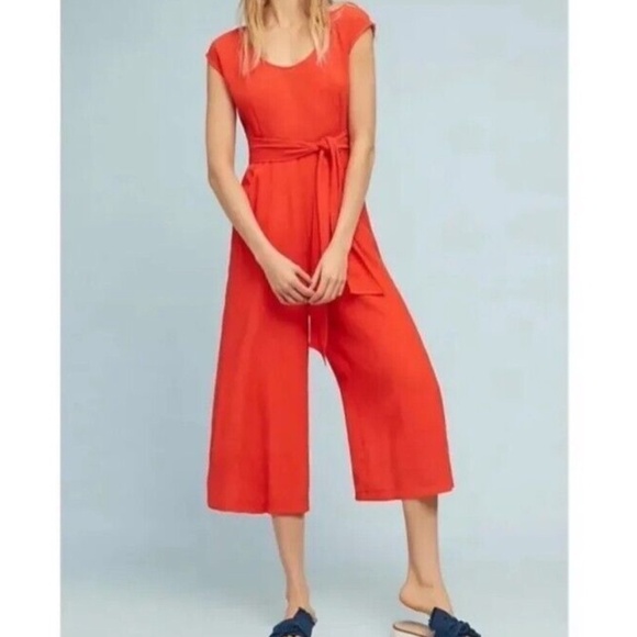 Anthropologie Abbey Bright Vibrant Orange Textured Wide Leg Belted Jumpsuit -10 - Picture 4 of 15